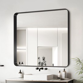 Black Metal Framed Bathroom Mirror for Wall, Rounded Rectangle Mirror, Matte Black Bathroom Vanity Mirror Farmhouse, Anti-Rust, Hangs Horizontally or Vertically (38x38)