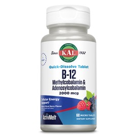 KAL Vitamin B12 Methylcobalamin and Adenosylcobalamin 2000 mcg ActivMelt, B12 Energy Supplements, Metabolism, Nerve, Red Blood Cell Support, High Absorption, Natural Berry, 60 Serv, 60 Micro Tablets