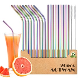AOTWAN Metal Straws Coloured Stainless Steel Straws 20Pcs Include 9 Straight + 9 Bent + 2 Cleaning Brushes Metal Straws Drinking Reusable Straw for Smoothie,Milkshake,Cocktail