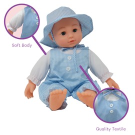 16 inch Realistic Baby Doll with Plush Body, Soft Vinyl Head & Extremities, Gingham Print Summer Outfit Bonnet Hat, Blinking Open & Close Eyes – Boxed 16” Kid’s Doll Gift for Toddler Girl, Boy (Blue)