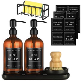 Tioncy 7 Pcs Kitchen Soap Dispenser Set Includes 2 Pcs 16 oz Dish and Hand Soap Amber Glass Dispenser Sink Suction Holder Dish Brush Ceramic Dish Brush Holder Labels Ceramic Tray for Kitchen Bathroom