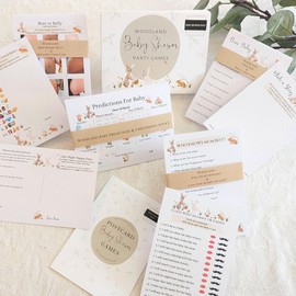 Baby Shower Games Bundle- 9 Games including Keepsake Cards boxed Neutral, Unisex 10 Player Pack (Woodlands)
