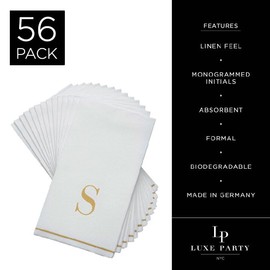 Luxe Party 56 Pack Monogram Napkins, Letter S Initial, Disposable, Premium Airlaid, Linen Feel, Decorative Table Setting, Guest Towel Napkin, White and Gold