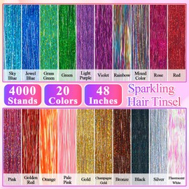 ROADPLUM Hair Tinsel Kit, 20 Colors 4000 Strands Tinsel Hair & 10 Colors Hair Feathers & 10 Colors Silk Hair Extensions, Heat Resistant Glitter Fairy Hair Tinsel Extensions for Girls Hair Accessories