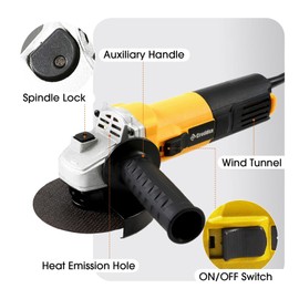 Creddux Power Angle Grinder Tool 4.5 Inch 7.5 Amp Electric Metal Grinder Power Tool With Auxiliary Handle For Cutting, Grinding, Polishing And Rust Removal yellow