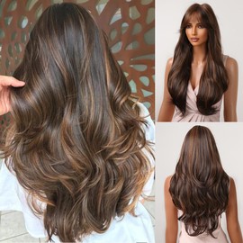 Allbell Long Brown Curly Wigs for Black Women Mixed Red with Bangs Synthetic Wig for Daily Use