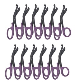 Paramedic Trauma Shears 7.25" First Aid Large Bandage Scissors, Black Fluoride Coated Stainless Steel Blades, Deep Serration Cuts Straps, Thick Gauze, Clothing + More (Purple Handle - 12 Pcs)