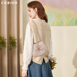 CORIOS Soft Plush Shoulder Bag for Women Fluffy Handbag Cute Fuzzy Crossbody Bag Furry Top Handle Bag Small Messenger Bag Lightweight Satchel Bag Work Shopping Travel Tote Bag Light Khaki