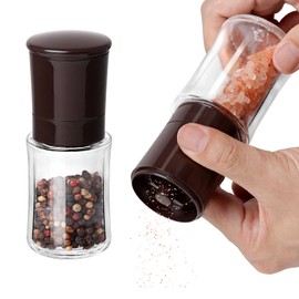 Vzaahu Salt and Pepper Grinder Set Brown, Refillable Small Shakers, Adjustable Coarseness, Ceramic Burr, Peppermill, Kitchen Cooking