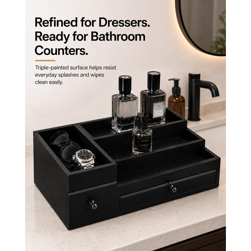 2-Drawer Cologne Organizer for Men, Fully Assembled, Solid Pine, Black/Gray