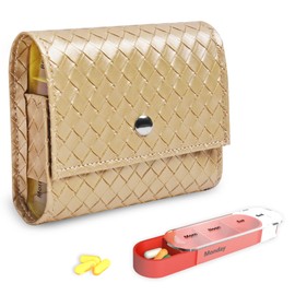 Pill Organizer,LIZIMANDU Weekly Travel Pill Case Box Medication Reminder Daily AM PM, Day Night 7 Compartments,for 4 Times A Day, 7 Days a Week-Includes Leather PU Carrying Case(1-Weave Gold)
