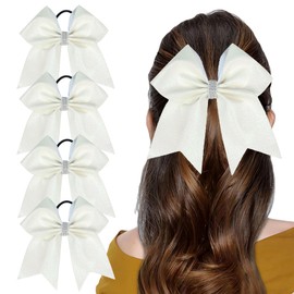 Nishine 4 PCS 7" Glitter Cheer Hair Bows with Ponytail Holder Cheerleading Hair Ties for Teen Girls Cheerleaders (White)