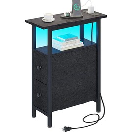End Table with Charging Station, Narrow Side Table with 2 Fabric Drawers, Skinny Nightstand with LED Light, Slim Bedside Table for Bedroom, Living Room, Small Spaces, Black