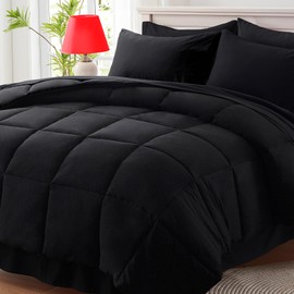 Zzlpp Black Full Comforter Set - 7 Pieces Bed in a Bag Full Ultra-Soft - Down Alternative Bed Set- Premium 1800 Series with Comforter, Sheets with 2 Side Pockets, Shams & Pillowcases