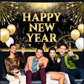 KatchOn, XtraLarge Happy New Year Banner 2025 - New Years Backdrop 72x44 Inch | New Years Eve Party Supplies 2025 | Happy New Year Decorations 2025 | New Years Eve Banner for New Years Decorations