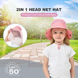 Kids Mosquito Head Net Hat - Bug Cap UPF 50+ Sun Protection for Garden Outdoor Fishing Hiking, Pink, Medium