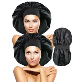 Silk Bonnet for Sleeping Double Layer Satin Bonnet for Women Long Hair Braids X-Large Satin Lined Sleep Cap for Curly Hair (2, Black)