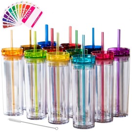 STRATA CUPS 24 Colored Skinny Tumblers with Lids and Straws | 16oz Reusable Cup Double-Wall Clear Tumbler with Lid and Straw, Durable Acrylic Tumblers With FREE Straw Cleaner & Name Tags