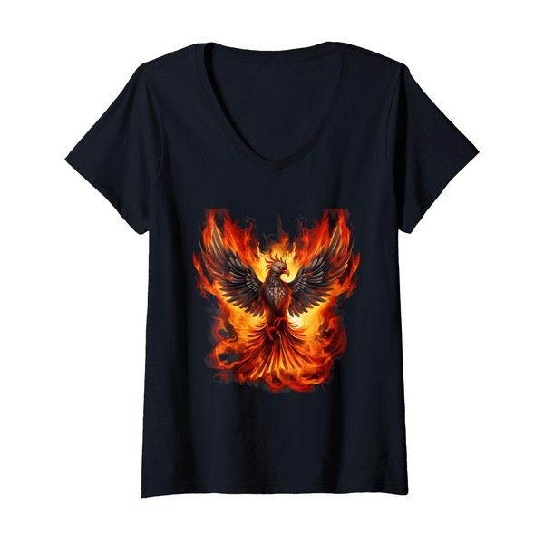 Womens Fire Phoenix Bird Firebird Rejuvenation Reborn Mythical Bird V-Neck