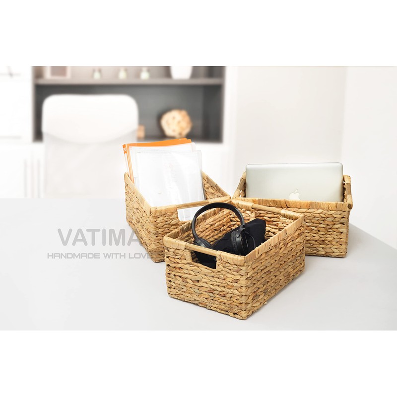 VATIMA Large Rectangular Wicker Basket with Wooden Handles for Shelves