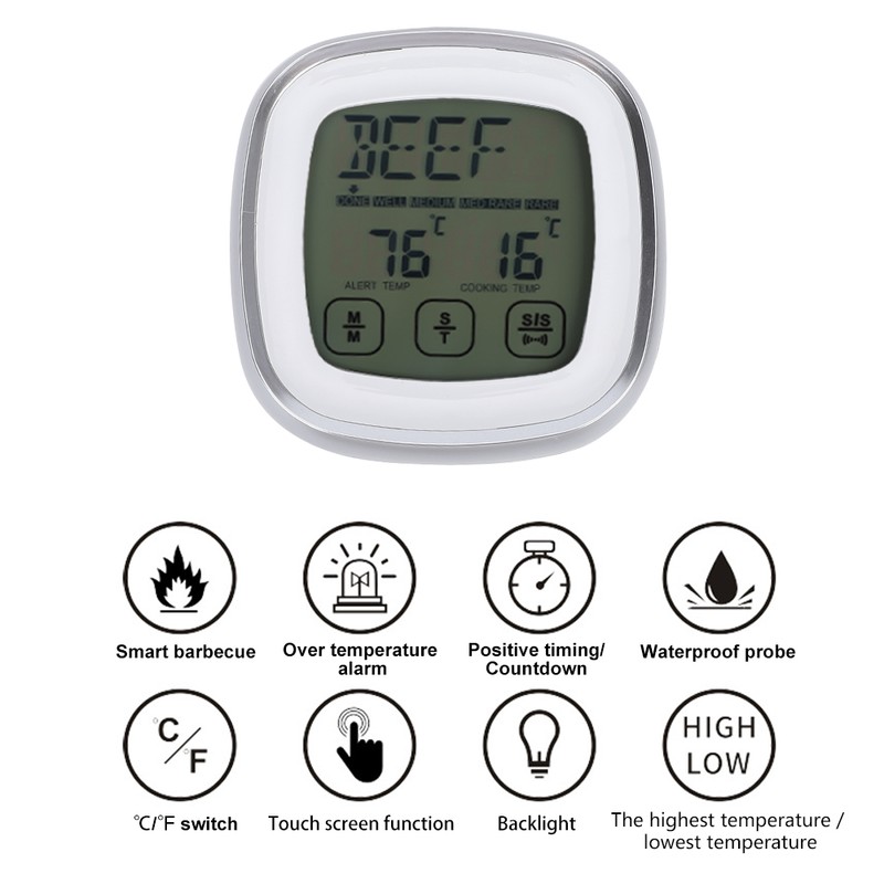 Wireless Food Thermometer Electronic Digital Touch Screen W/Timer Alarm for