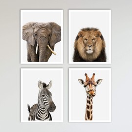 4 Piece Color Safari Zoo Animal Nursery Set - Elephant, Lion, Zebra & Giraffe Prints - Neutral Wall Decor, Baby Shower Gift & Kids Bedroom Animal Wall Decor 4 Piece Set, 11 x 14 inches each Unframed