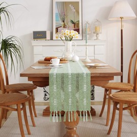 Farmhouse Braided Striped Table Runner with Handcrafted Tassels, Boho Linen Table Runners 48 inches Long for Holiday Party and Dining Room Decor, 13 x 48 inch - Sage Green