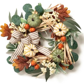 Valery Madelyn Fall Wreaths for Front Door Outside, 18'' Farmhouse Autumn Door Wreath with Lights White Pumpkins Bow, Outdoor Fall Decorations for Home Porch Thanksgiving Harvest Table Centerpiece
