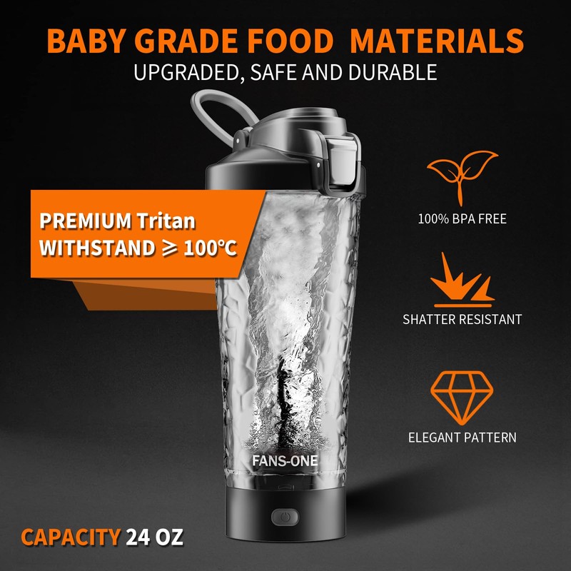 FANS-ONE Premium Electric Protein Shaker Bottle, 24 oz Lockable Blender