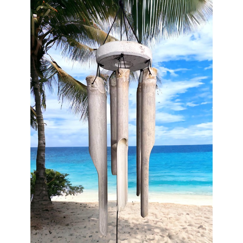 Coastal Pelican Windchime – Whitewashed Bamboo & Distressed White Wood