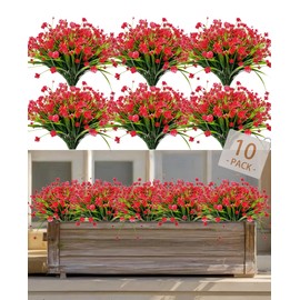Ribiliwer Fake Flowers for Outdoor Planters 10 Bundles Plastic Flowers No Fade Artificial Shrubs Plants for Hanging Planters Window Box Spring Summer Red