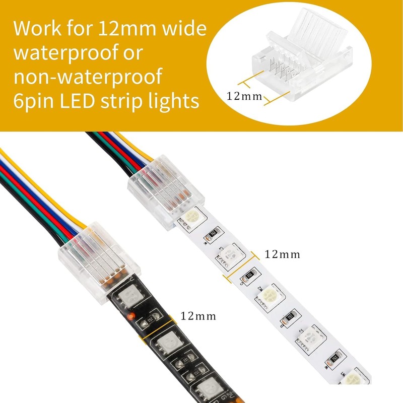 12mm 6-pin wide LED strip connector solderless, 20pcs, 6 wires,