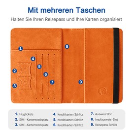 Czyan Passport Cover, Faux Leather Protective Passport with RFID Blocking Protective Cover, Vaccination Card, Protective Case for Credit Cards, ID and Travel Documents, orange, rfid wallet