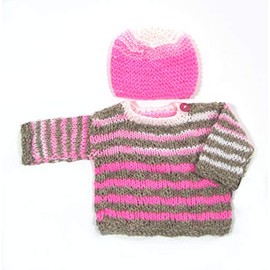 KSS Hand Knit Pink/Grey Soft Pullover Baby Sweater with a Hat (6 Months) SW-633