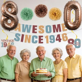 80th Birthday Decorations for Men Women Vintage Awesome Since 1946 Birthday Banner Hanging Swirls with Number 80 Balloons Brown Gold Pom Poms Honeycomb Centerpieces for 80 Years Old Party Supplies