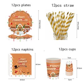 48Pcs Christmas Disposable Dinnerware Set, 12 Guests 9 Inch Christmas Gingerbread Ornament Disposable Christmas Plates Cups Napkins Straw Christmas Party Tableware Gingerbread Decoration for Christmas