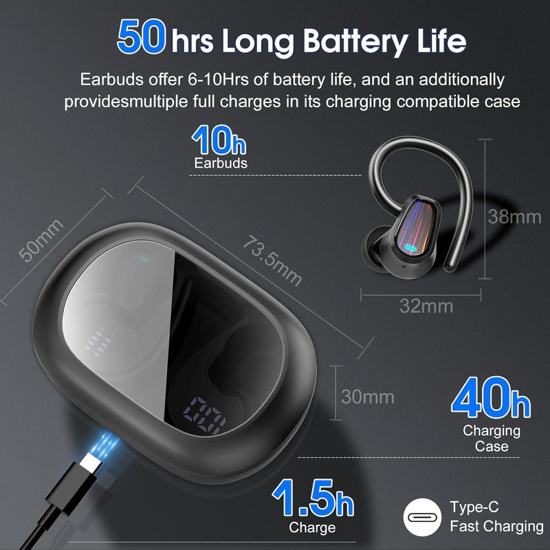 Wireless Earbuds Bluetooth 5.4, 50H Playtime Sport Earphones with Earhooks,