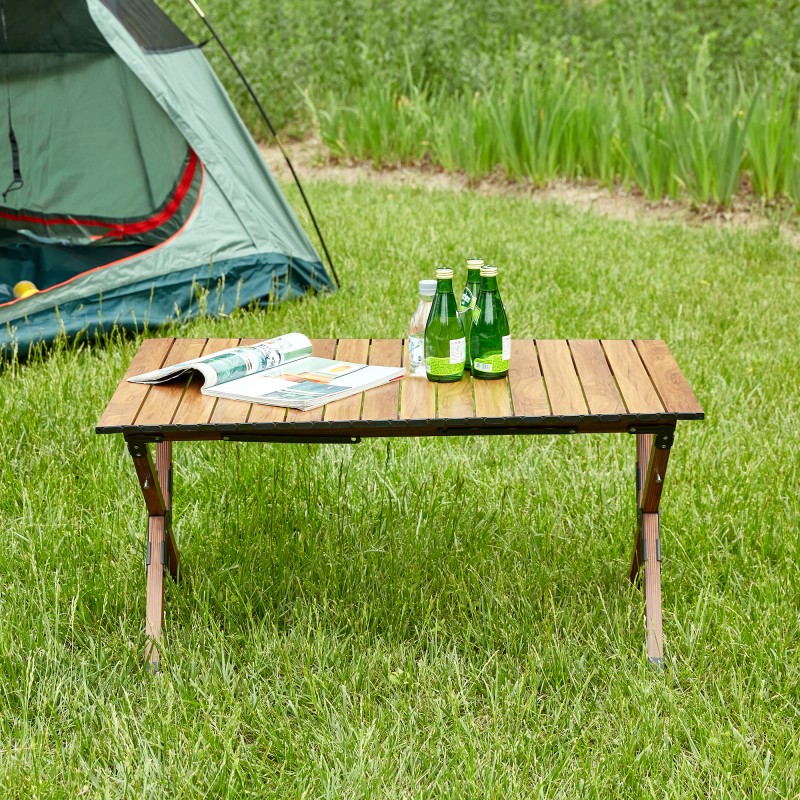Durable Folding Aluminum Alloy Roll-up Rectangular Outdoor Tablecolor: Brown, size: