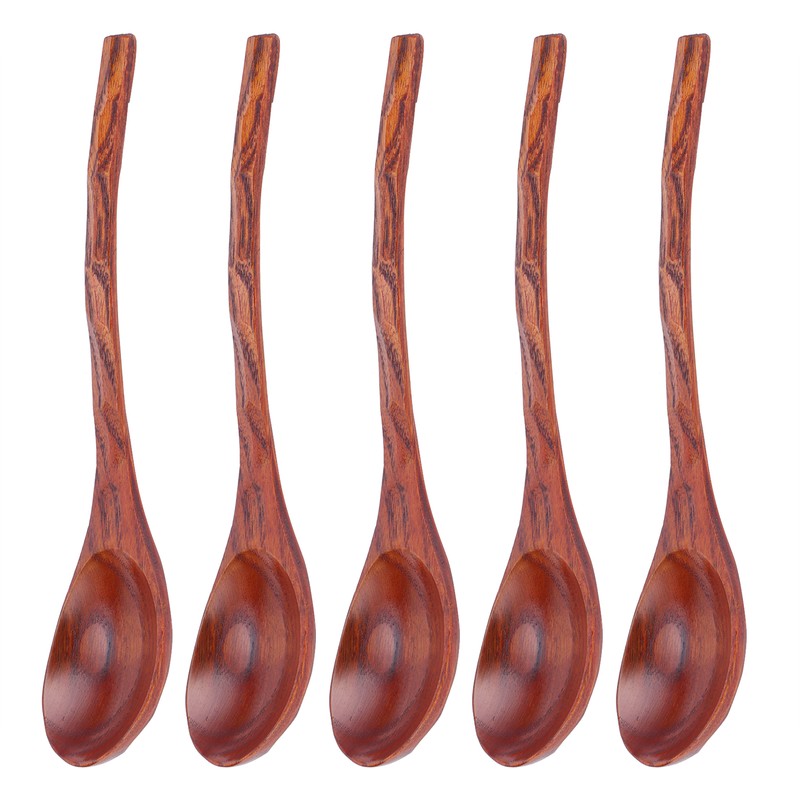 5PCS Japanese Style Wood Spoon Long Handle Soup Spoons Household