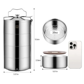 GOLDEN KEY 80oz Stainless Steel Stackbale Lunch Box for Adult, 4-Tier Food Container, Leak-Proof & Stackable Large Capacity Metal Bento Box with Lunch Bag, (80OZ, Silver)