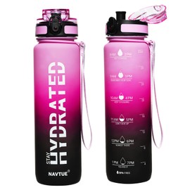 NAVTUE Water Bottle, 32oz Sports Water Bottles with Time Marker Wide Mouth, Motivational and Leakproof Drink Bottle, BPA Free Tritan with Carry Strap for Gym Fitness Outdoor (Direct Drink)