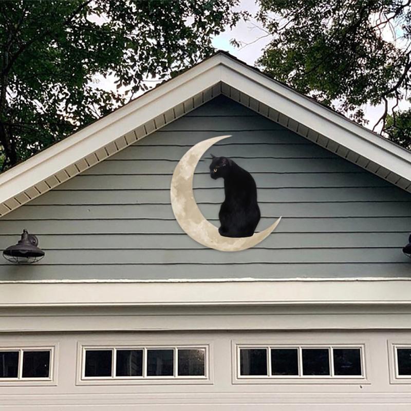 Metal Black Cat Moon Hanging Sign Cat On The Moon