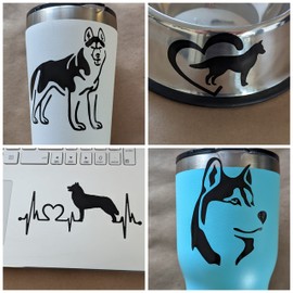 Siberian Husky Decal 4 Pack: Detailed Husky, Husky Heart, Husky Heartbeat, Husky Face Decals (Small ~3.5", Black)