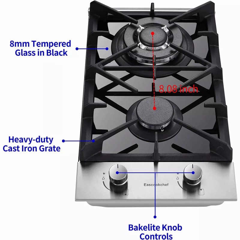 Eascookchef 2-Burners Gas Cooktop 12in Eascookchef Tempered Glass NG/LPG Convertible