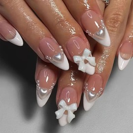 Almond False Nails Press on Nails Medium White French Pearl Fake Nails Artificial Acrylic Nails Cute Bow Tie 3D Love Heart Design Full Cover Reusable Coffin Nails Glue on Nails for Women 24Pcs
