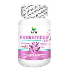 NATSA Probióticos Fem 100 cápsulas | Para Salud en Mujer | 5 billones de microorganismos | 8 Cepas Ultra Premium | 2 cápsulas diarias | Reforzado con Inulina y Vitamina C | Con Cranberry Ultra Concentrado | Calidad Premium | Ingredientes Puros