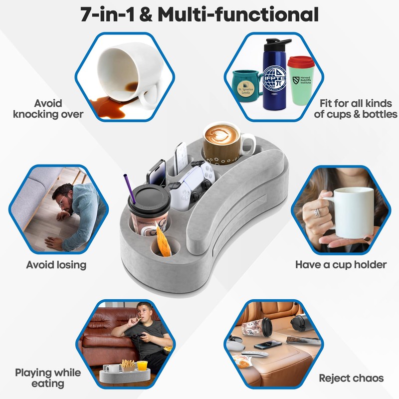 LVVIL Couch Cup Holder Pillow Tray with 6 Slots, Gaming