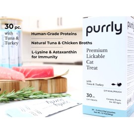 Purrly Lickable Cat Treat Healthy Human-Grade Tuna & Turkey with L-Lysine & Astaxanthin for Immunity (30 Count) Soft Healthy Low Calorie Hydrating Interactive Snack