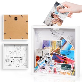 Travel Adventure Archive Box, 12-Inch Travel Ticket Shadow Box for Ticket Stub, Memory, Photos & Souvenirs, Travel Events Design Wooden Keepsake Display Frame with Slot on Top for Mementos