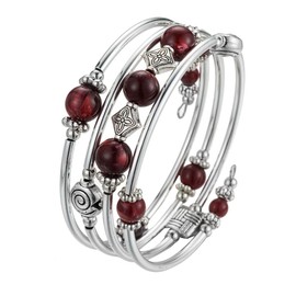Beaded Pearl Bangle Wrap Bracelet - Fashion Bohemian Jewelry Multilayer Charm Bracelet with Thick Silver Metal Beads, Gift For Women(Dark Red)